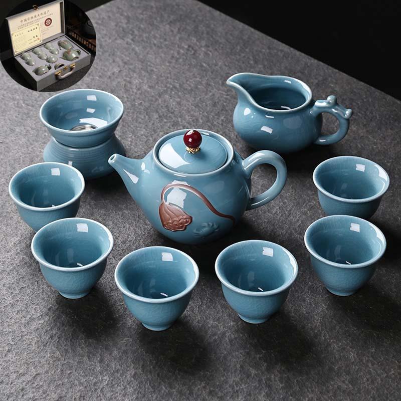 Retro Ge Kiln Tea Set Gift Set Free Kung Fu Ceramics Full Set Business Tea Set Light Luxury