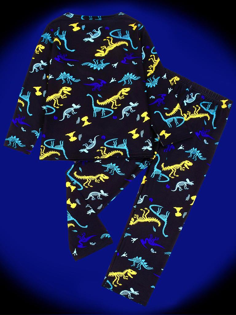 Flame-Retardant Milk Silk Kids' Dinosaur Pajama Set - Green Fluorescent, Long Sleeve & Pants