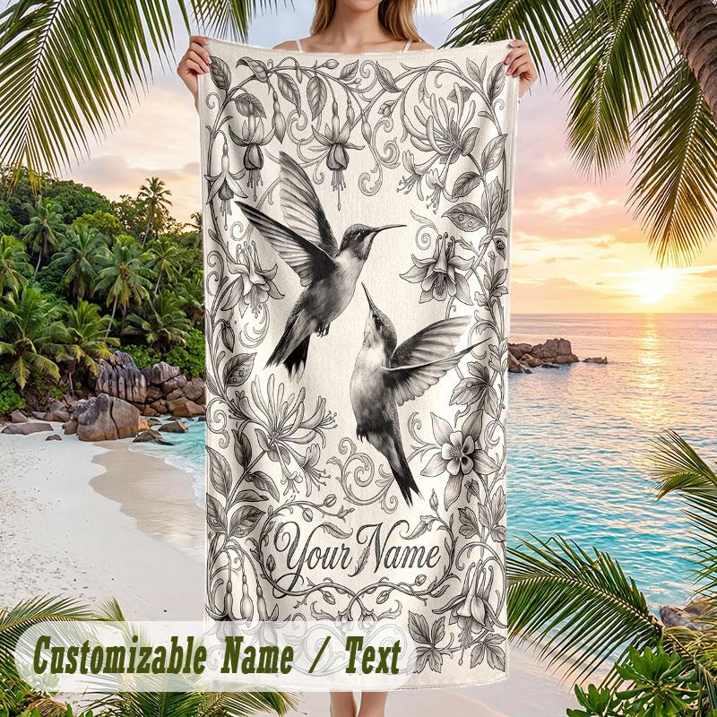 Hummingbird Garden Fantasy 3 Theme Quick Dry Beach Towel Custom Name Text Print Large Sand Resistant Towel Beach Vacation