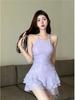 French Sweet Spice Girl Lace Splicing Neck Closed Waist Skinny Women's Summer A-Word Backless Suspender Pleated Dress