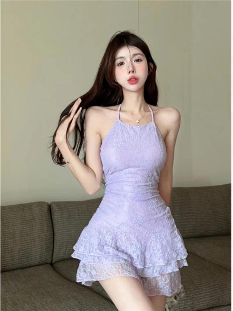 French Sweet Spice Girl Lace Splicing Neck Closed Waist Skinny Women's Summer A-Word Backless Suspender Pleated Dress