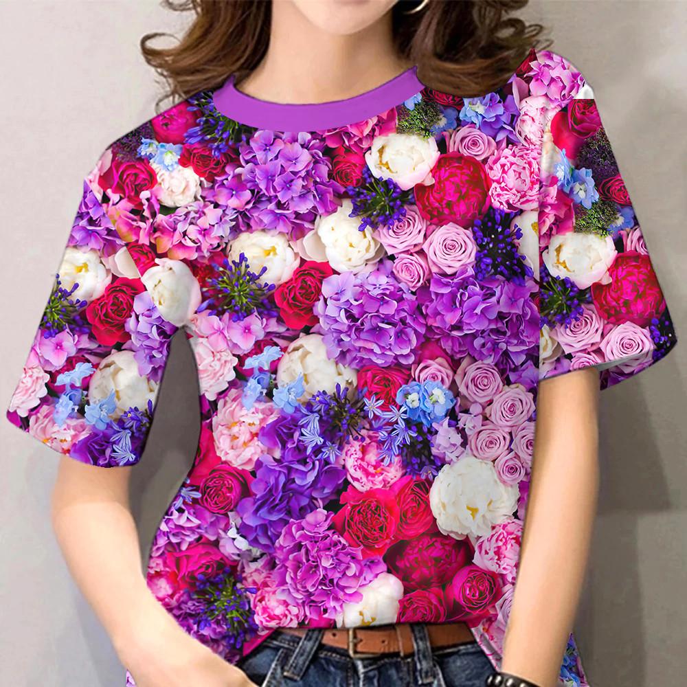 Women's summer 3D floral T-shirt with purple floral print casual short sleeved T-shirt