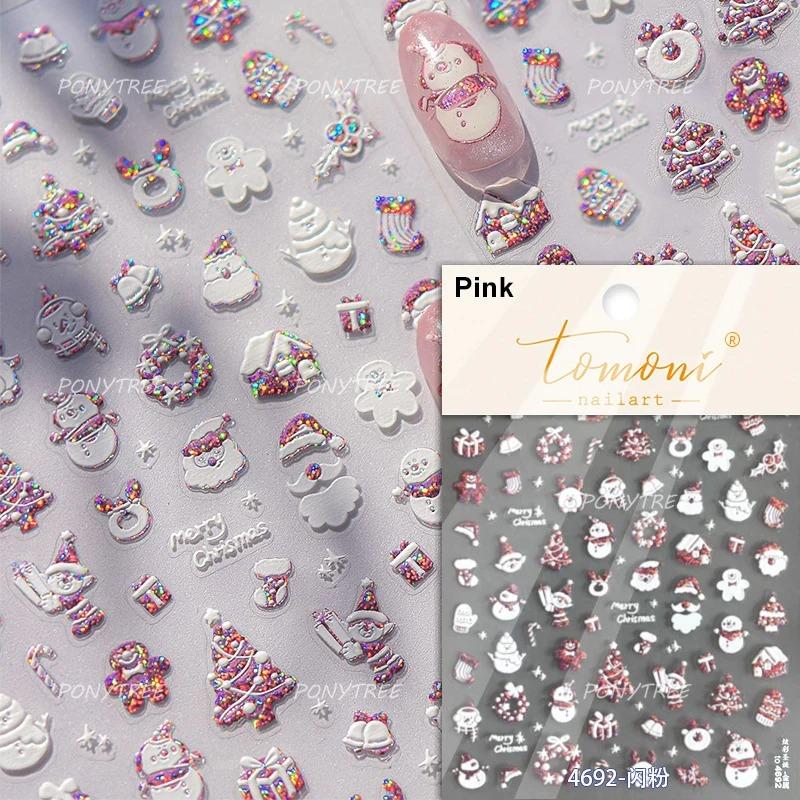 Gold Stamped Snowflake Stars White Christmas Tree Red Bowknot Cute 3D Nail Art Stickers Xmas Lovely Manicure Decals