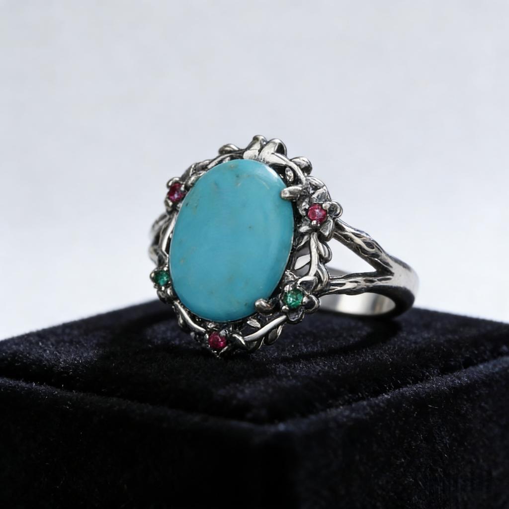 Vintage Botanical Turquoise Ring, 9x11MM Natural Stone and Zirconia Set In Engraved Floral CopperBand for Women