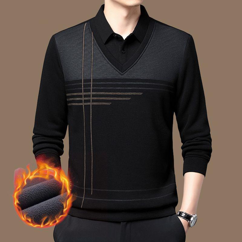 

Winter Fake Two Pieces Polo Shirts Turn-down Collar Plus Fleece Thicken Casual Pure Cotton Patchwork Cootrast Color Tops 4XL чорний