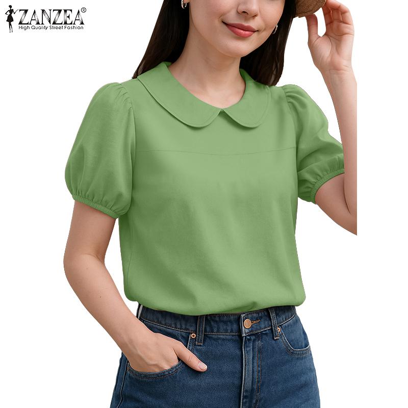 ZANZEA Women Casual Doll Collar Solid Color Short Sleeve Blouse