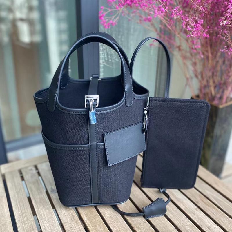 Foreign trade new vegetable basket bag swift cowhide with canvas splicing bucket bag fashionable casual hand bag