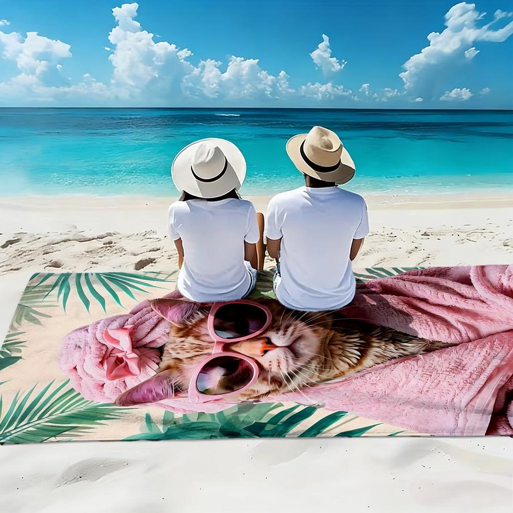 Spa Cat Beach Towel, Cute Cat In Pink Robe Sunglasses Print Oversized Bath Towel, Soft Quick Dry Cat Lover Summer Beach Blanket