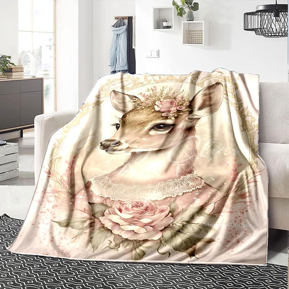 1 Stück Hirsch, Blumen Decke Leichte Flanell Überwurfdecke für Sofa Bett Reise Camping Wohnzimmer Büro Couch Stuhl