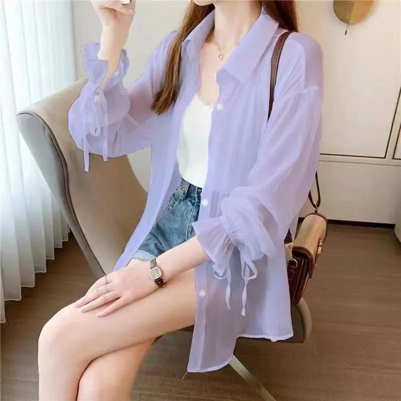 Women Thin Shirts Summer Perspective Solid Korean Sun Shirt Long Sleeve Fashion Korean Ladies Top Sunscreen Clothing