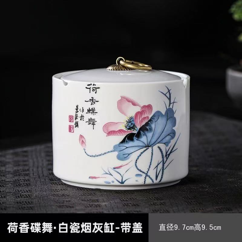 Creative Painted Flower Ceramic Ashtray Dustproof Office Ashtray with Lid Home Cylindrical Ceramic Ashtray Gift Home Decoration