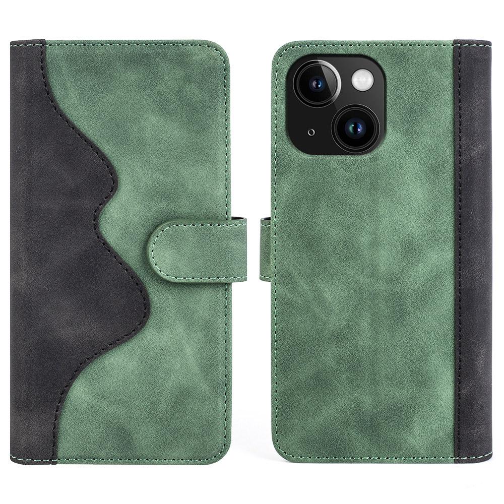 

For iPhone 15 Dual-color Splicing Magnetic Clasp PU Leather Wallet Phone Cover Drop-proof Case Green