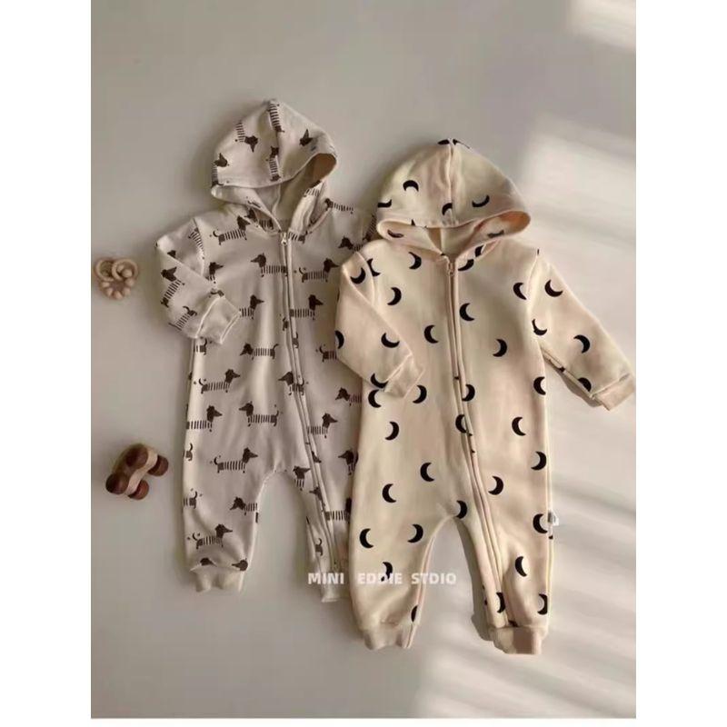 Korean Style Ins Moon and Puppy Pattern Side Zipper Long Hooded Spring and Autumn Jumpsuit for Baby Boys and Girls Cotton