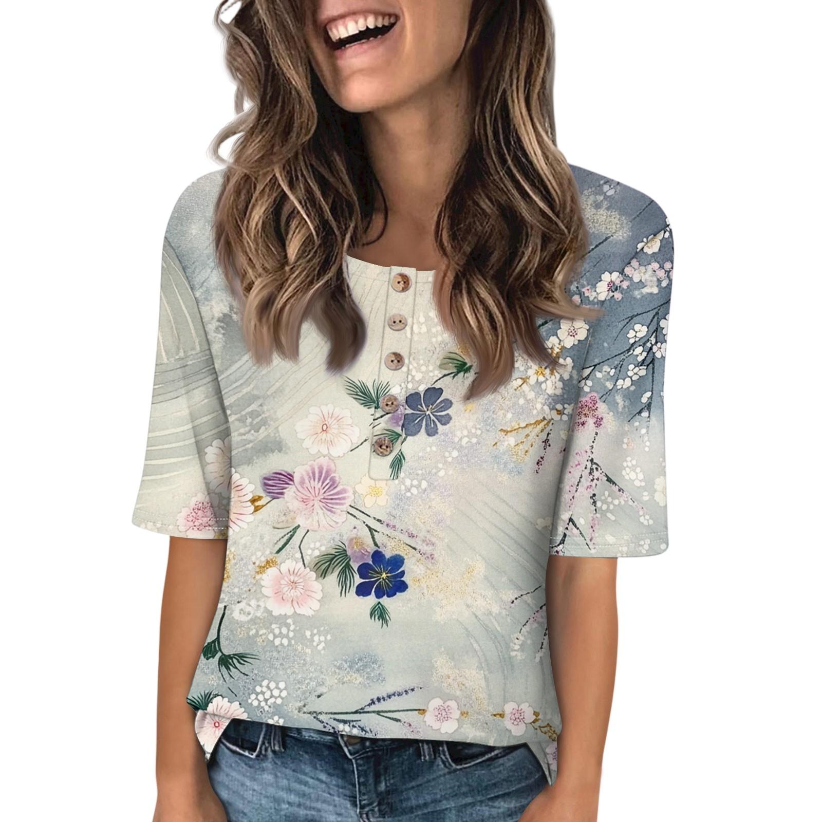 

Женская мода принтованный круглый вырез на пуговицах короткий рукав повседневный топ XL фиолетовый