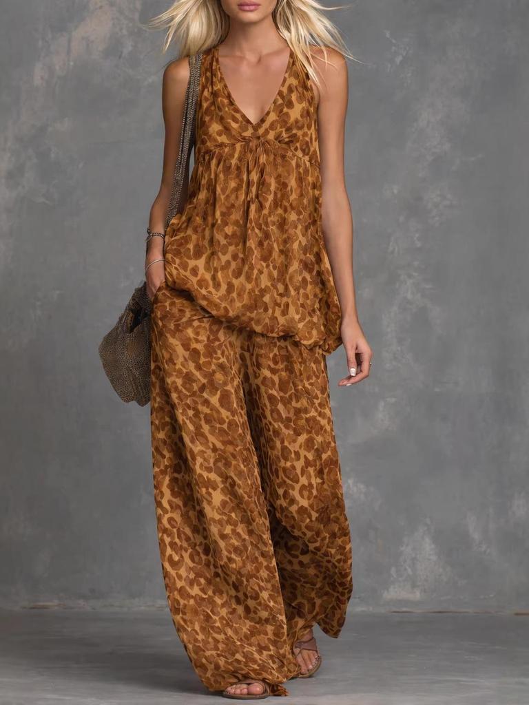 European Leopard Print Sleeveless Top & Chiffon Wide-Leg Pants Set for Women