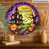 2D Flat, 1pc Round Aluminum Hanging Sign - Haunted House and Pumpkin Lantern Design, Happy Halloween Wall Decor, Durable Aluminum Sign, Suitable for