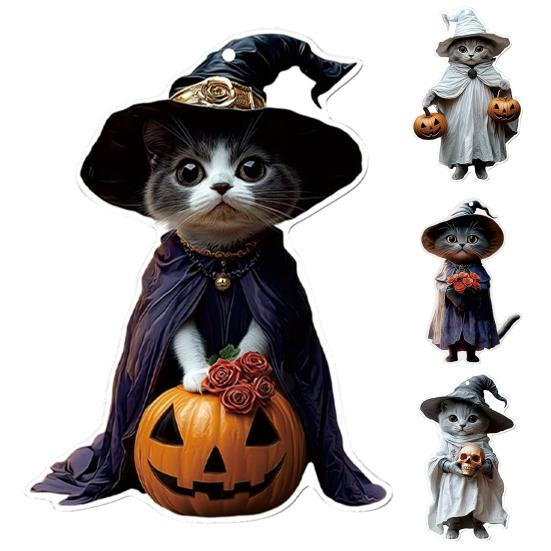 Halloween Cat Ornament Cute Cat with Witch Hat Pumpkin/Skull Hanging Decoration 2D Flat Acrylic Car Rearview Mirror Charm Christmas Tree Decoration