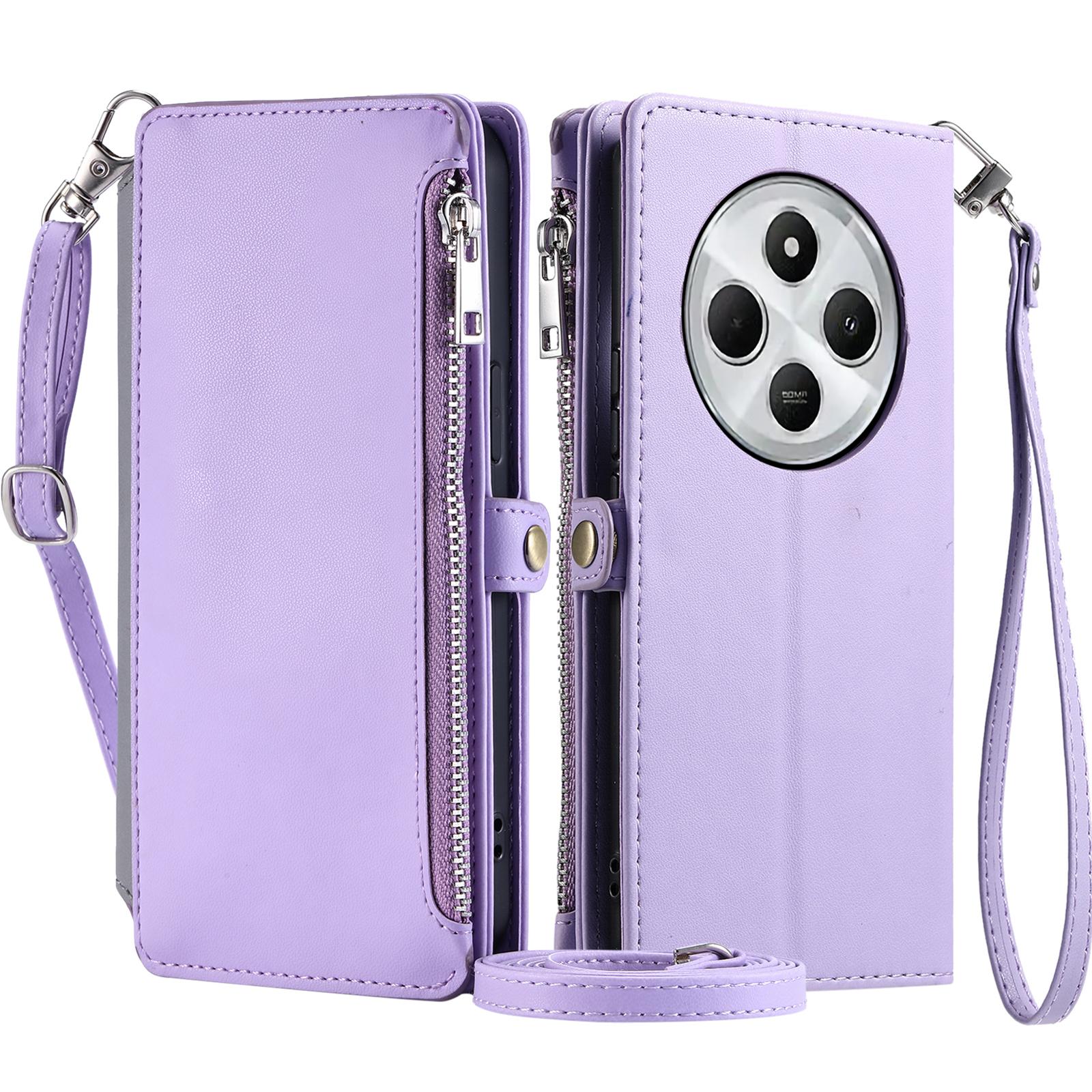 

015 Style For Xiaomi Poco C75 4G/Redmi 14R 5G/14C 4G Case TPU+PU Leather Wallet Phone Cover with Straps Purple
