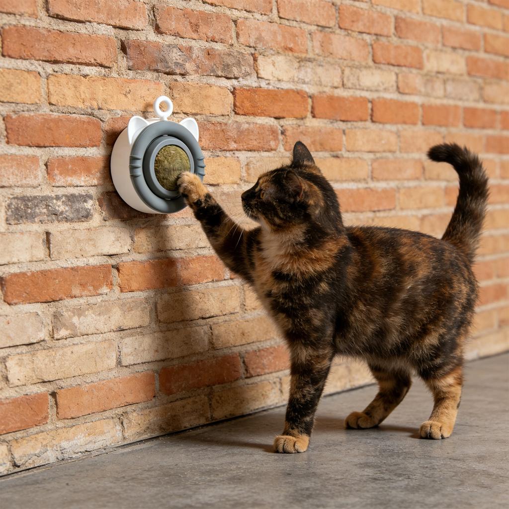 Katžolių kamuoliukas žaislas katėms - besisukantis prie sienos tvirtinamas interaktyvus žaislas su keičiamais katžolių/ vynmedžio kamuoliukais, savarankiškai pramoginantis kramtomas moliarinis žaislas, skirtas laikyti kates