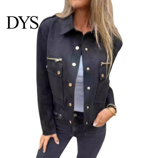 Women Jacket Autumn Spring Coat Flap Pocket Zipper Decor Turn-down Collar Long Sleeves Outerwear Single-breasted Buttons Cargo Style Daily Wear