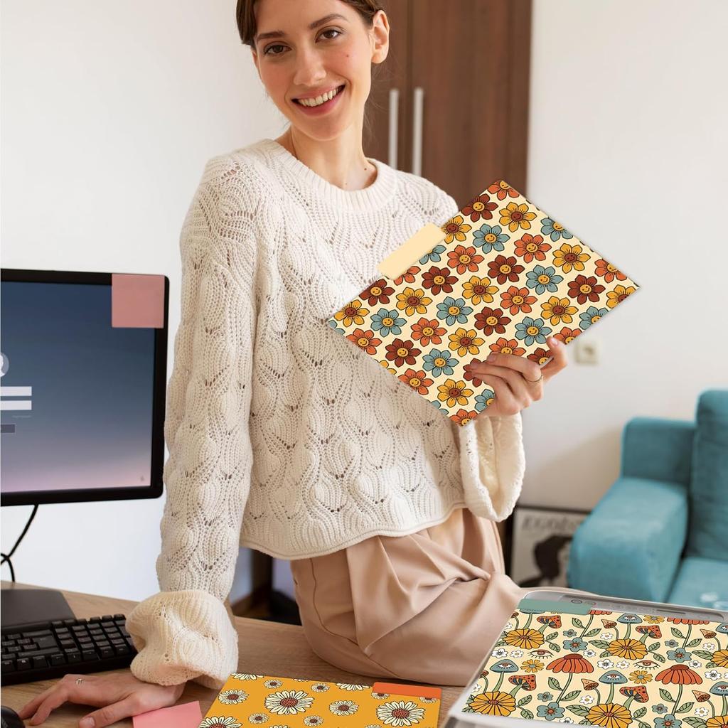 Boho Floral File Folders 12 Pack Retro Rainbow Flower Letter Size File Pockets with 1/3 Cut Tab for Office Classroom File Organizer, 9.5 x 11.5 Inch