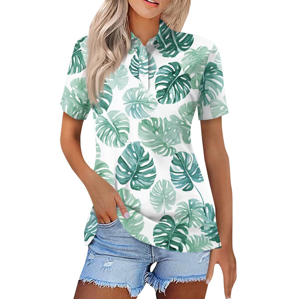 Dámská móda Ležérní klopa košile s krátkým rukávem s potiskem Dámské topy se zapínáním na knoflíky