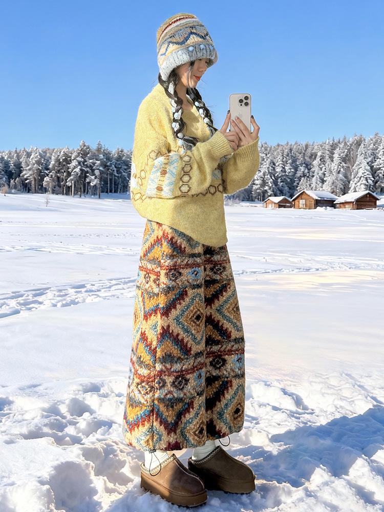 High Waist Retro Fair Isle Mid-Length A-Line Skirt with Fleece and Velvet