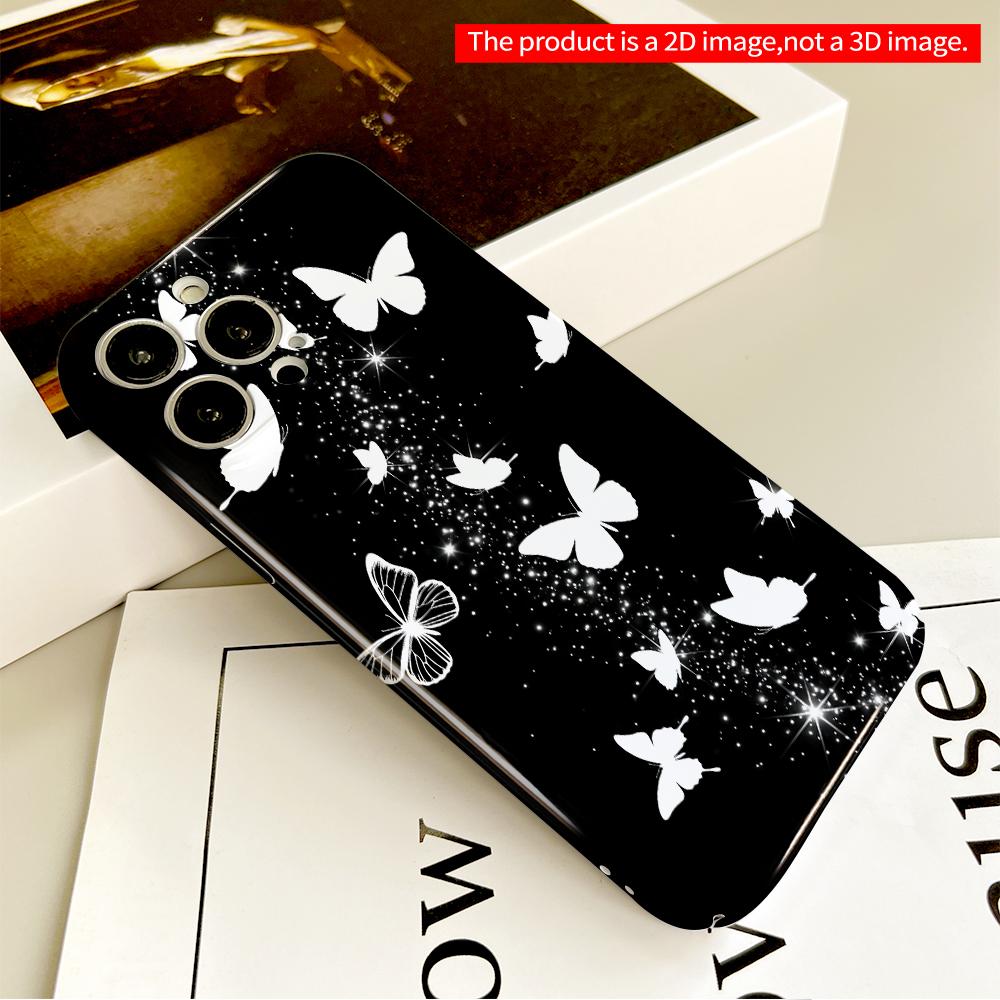 White Butterflies Sparkle On Black Background All Inclusive Film Hard Phone Case, Compatible with iPhone 18 Pro Max 17 16 15 14 13 12 11