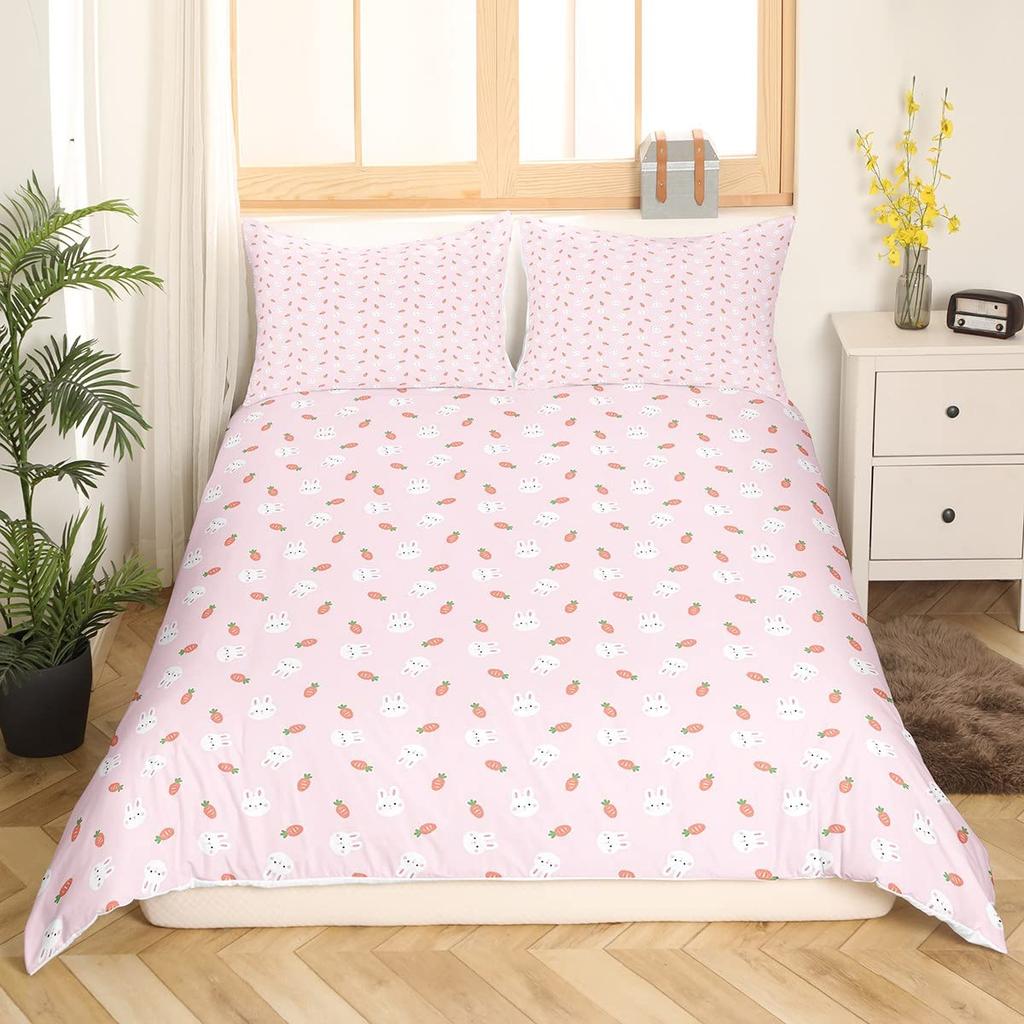 Rabbit Print Kids Girls King Queen Duvet Cover Cartoon Pink Little Bunny Comforter Cover Animal Floral Polyester Bedding Set