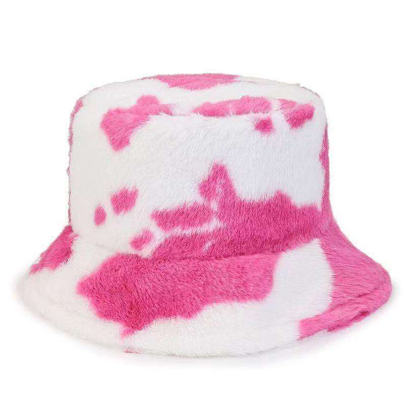 Black and white cow pattern bucket hat autumn and winter plush warm shopping versatile basin hat