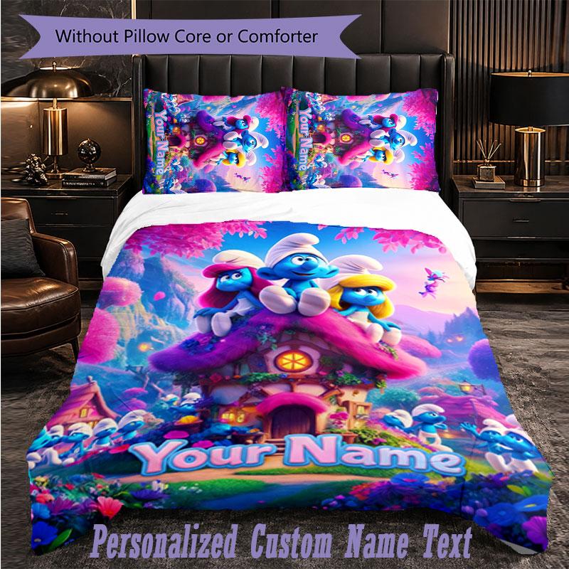 Personalized 3Pcs Bedding SetSmurfs Custom Text Duvet Cover Pillowcase Set Bedroom Gift