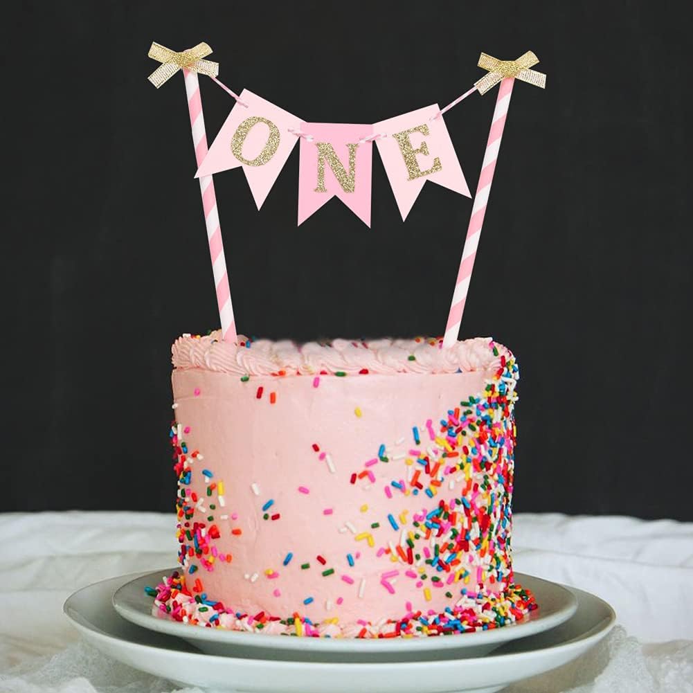 One Cake Topper for Baby Girls - Pink and Gold Cake Topper Banner for 1st Birthday, First Birthday CakeTopper, Paper Straw CakeTopper, Cake Smash