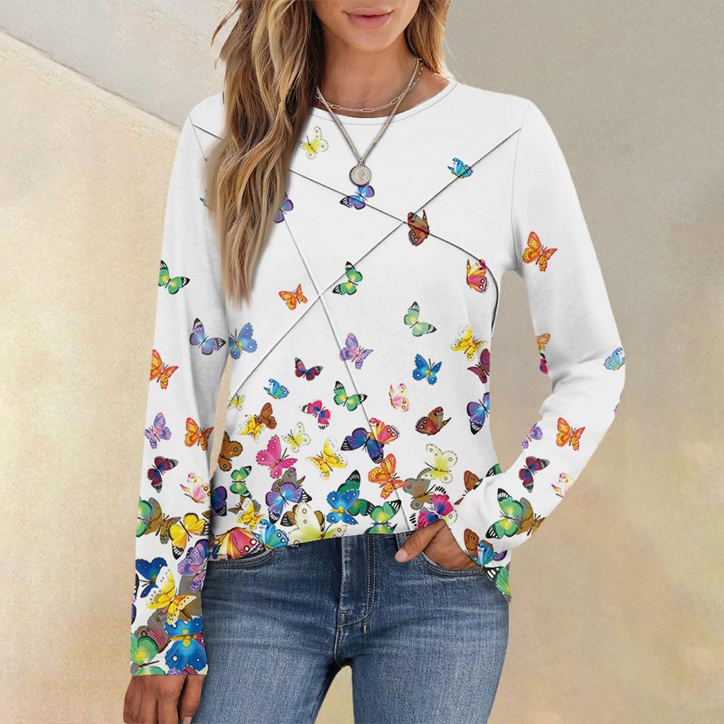 Fashion Women's Long Sleeve Round Neck Casual  Pleated Floral Print Loose Top