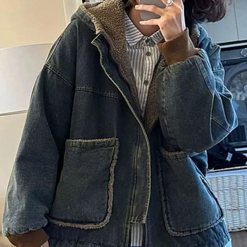 Kabát pro ženy Bavlna Zesílený Plyšový Podzim Zima Rukáv Oversize Ležérní Zip Návrat do minulosti Džínová bunda