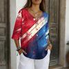 Women's V-Neck Button Three-Quarter Sleeve Casual Independence Day Print Pullover T-Shirt