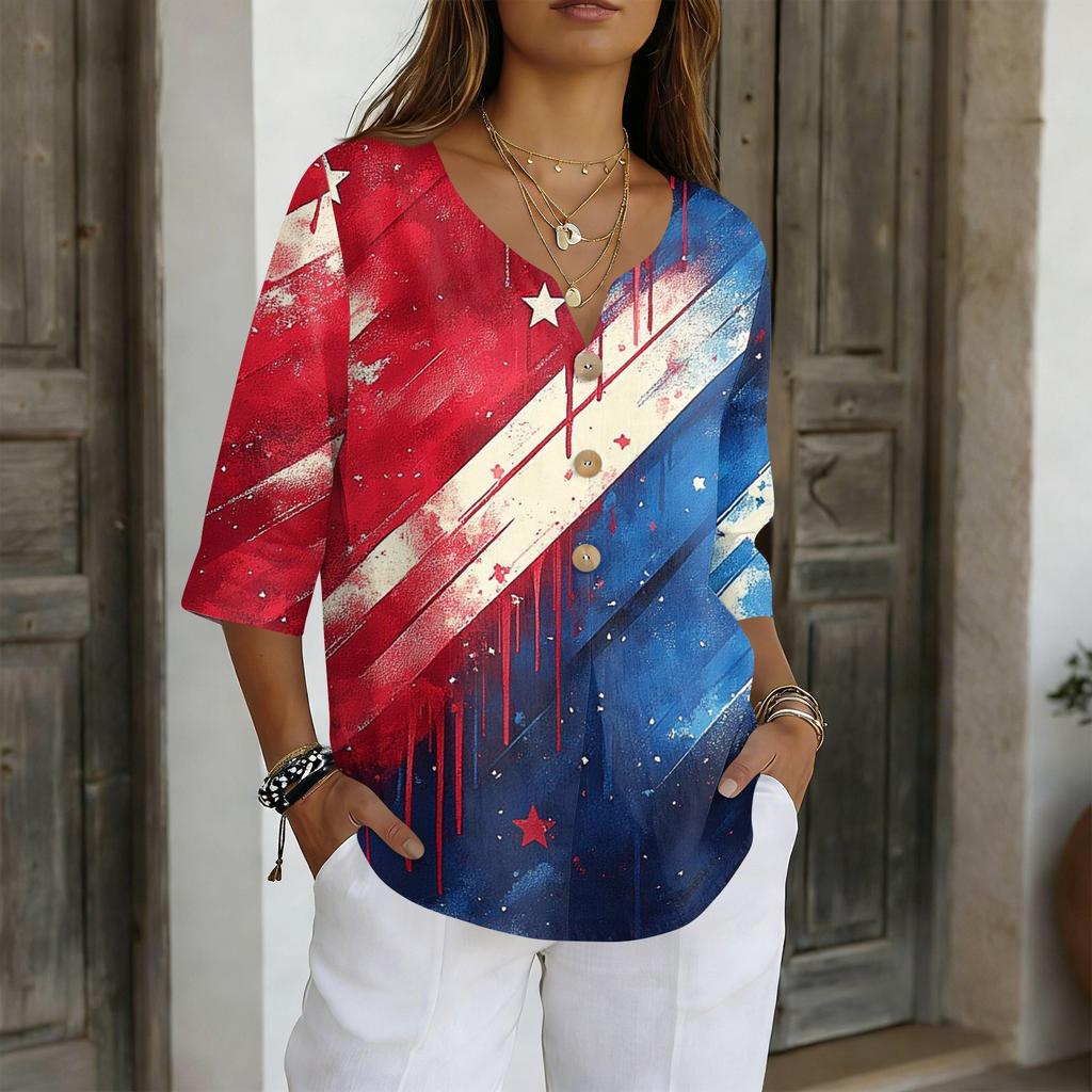 Women's V-Neck Button Three-Quarter Sleeve Casual Independence Day Print Pullover T-Shirt