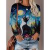 Womens Loose Fit Long Sleeve Round Neck Tee With 3D Peacock Cat Print - Milk Silk Fabric 2025 Casual Top