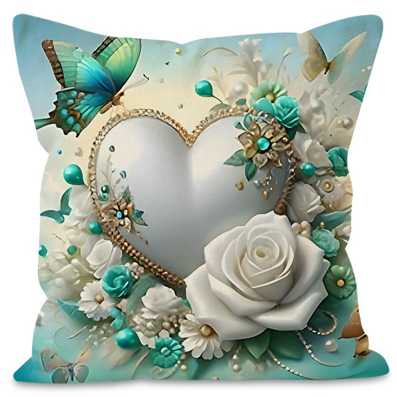 Love Heart Rose Print Pattern Home Decor Pillowcase Bedroom Living Room Sofa Decoration Polyester Cushion Cover With Zipper