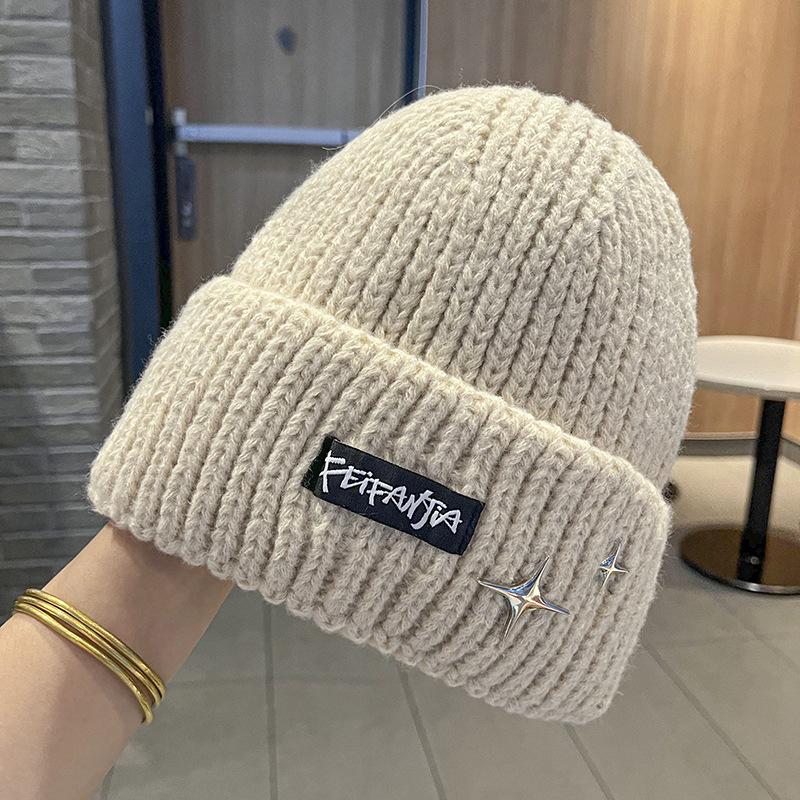 Letter knitted hat women's autumn and winter versatile big head circumference warm ear protection wool hat showing face small hat thickened