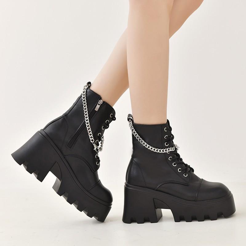 Women's Plus Size Patent Leather Gothic Chain Chunky Heel Platform Ankle Boots