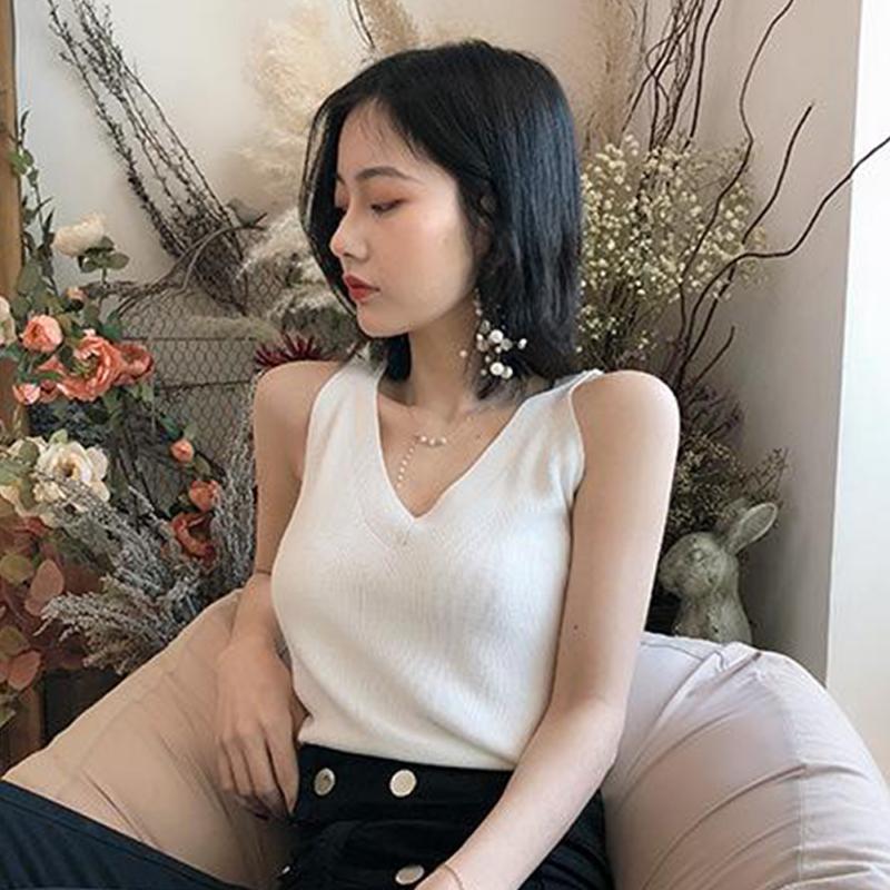 Women'S Fashion V-Neck Knitted Vest Summer Solid Color Sleeveless Casual Tank Top