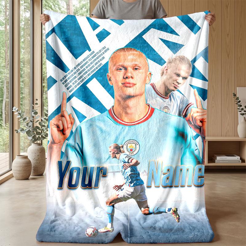 Erling Haaland Custom Name Text Flannel Blanket Soccer Logo Personalized Fleece Throw Blanket Special Gift For Sofa Bedroom Home