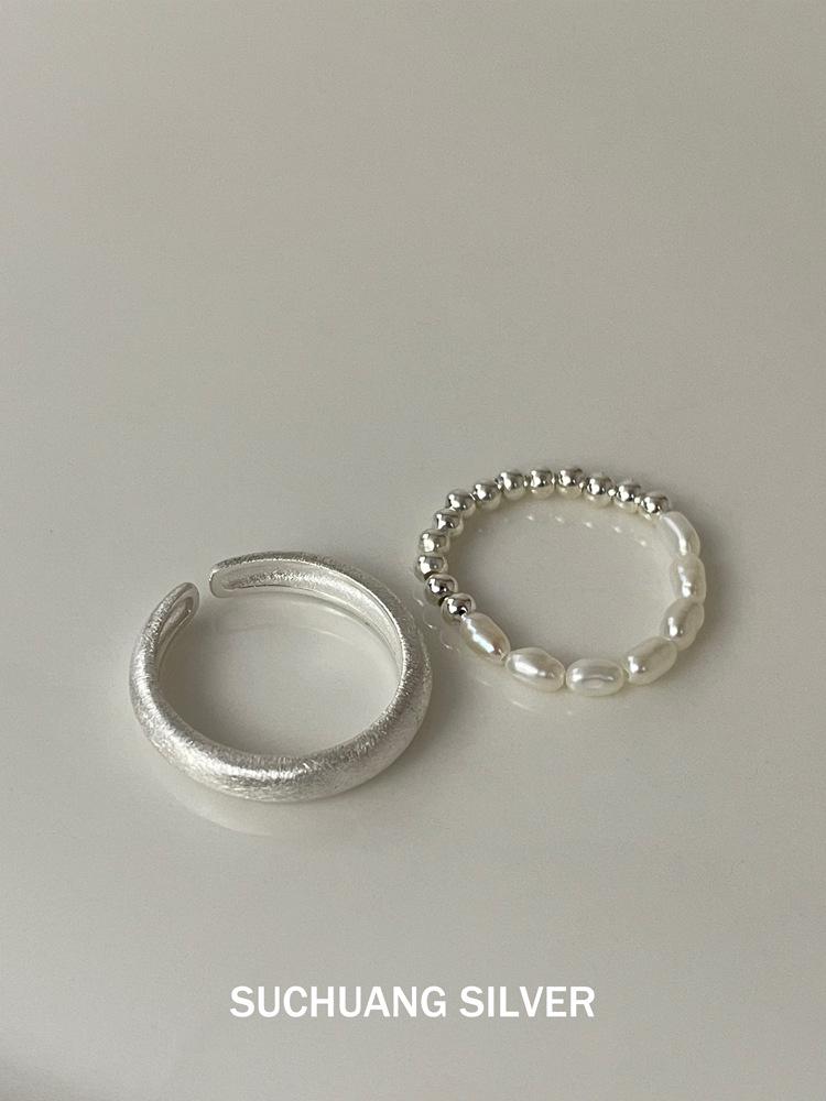 S925 Sterling Silver Freshwater Pearl Open Ring - Women's Stackable Frosted Band
