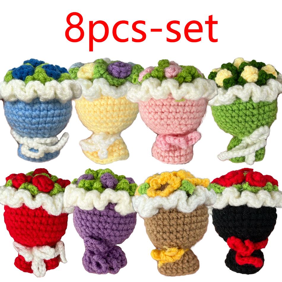 8PCS Handheld Flower Keychain Pendant Knitted Hook Weaving Pendant Rose Creative Keycain Bag Pendant Toy Graduation Gift