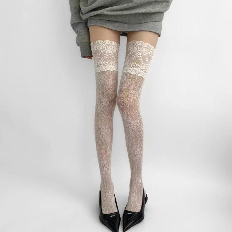 Women's Sexy Lace Trim Nylon Fishnet Stockings Retro Floral Sweet Mesh Breathable Thigh High Long Socks JK Over The Knee Socks