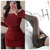 2024 Spring Women Off Shoulder Long Sleeve Lace Bodycon Mini Dress Sexy Slim Pencil Club Night Out Dress Plus Size S-L