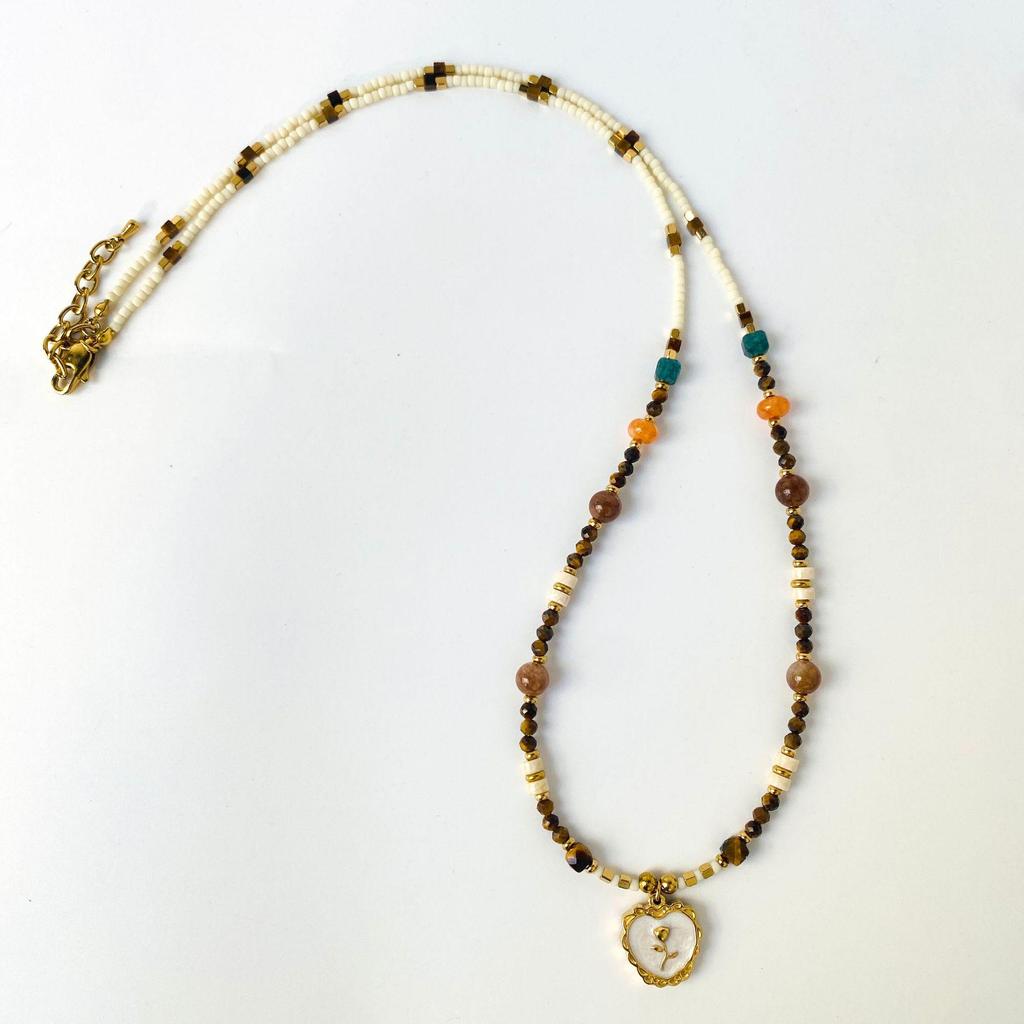 Garden Autumn/Winter Maillard Tiger Eye Beaded Necklace Women's Light Luxury Natural Stone Sweater Chain