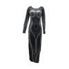 Women Spring Fall Party Dress Slim Fit Striped Print Maxi Dress Skinny Sheath Long Sleeve Elastic Round Neck Soft Thin Ankle Length Lady Dress