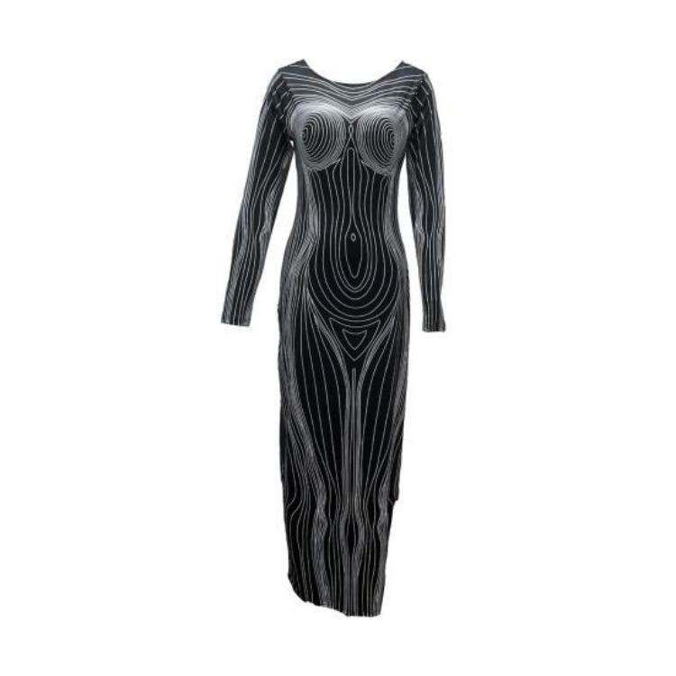 Women Spring Fall Party Dress Slim Fit Striped Print Maxi Dress Skinny Sheath Long Sleeve Elastic Round Neck Soft Thin Ankle Length Lady Dress