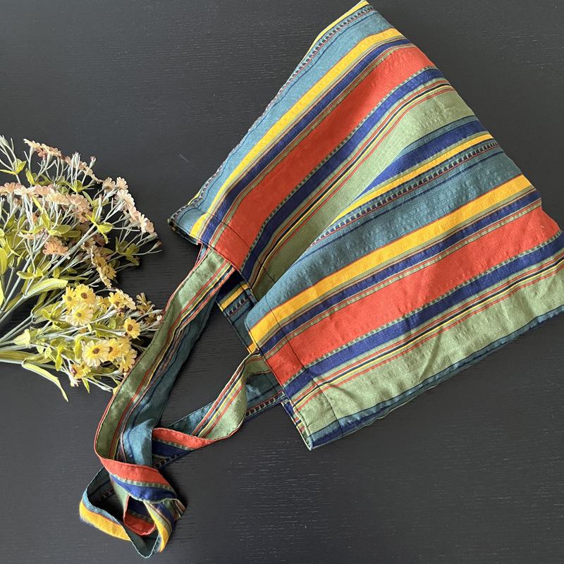 Geantă de umăr cu dungi colorate pentru femei Geantă de cumpărături de mare capacitate Geantă de plajă ocazională Geantă portabilă reutilizabilă